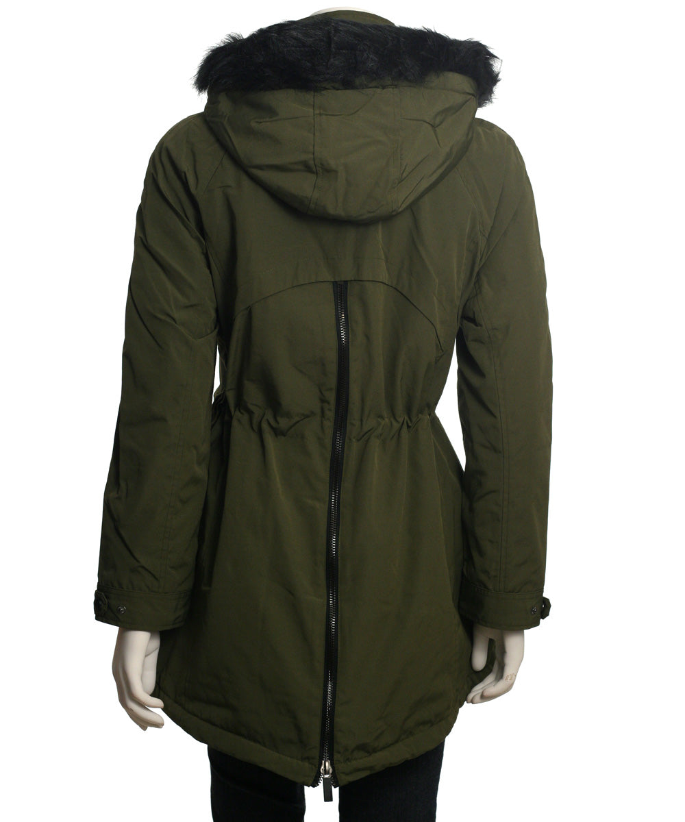 Coffeeshop Soft Shell Hooded Coat with Faux Fur Trim
