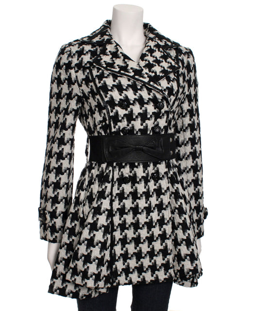 Double Zero Houndstooth Fit and Flare Belted Coat