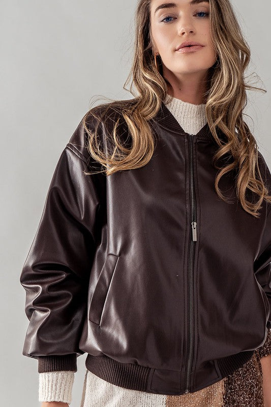 Double Zero Loose Fit Zip Up Leather Bomber Jacket