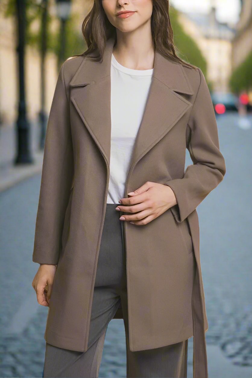 Lapel Collared Trench Coat With Waist Tie