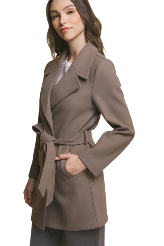 Lapel Collared Trench Coat With Waist Tie