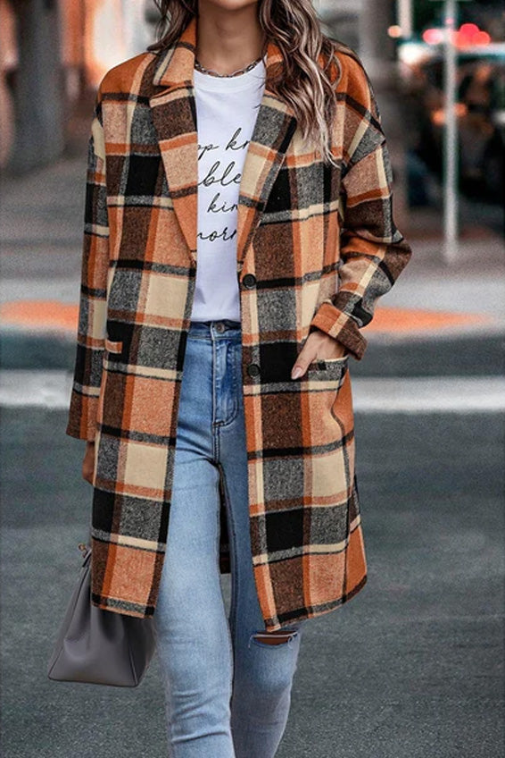 Plaid Print Long Body Front Open Suit Jacket