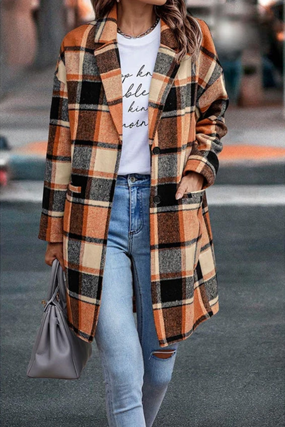 Plaid Print Long Body Front Open Suit Jacket