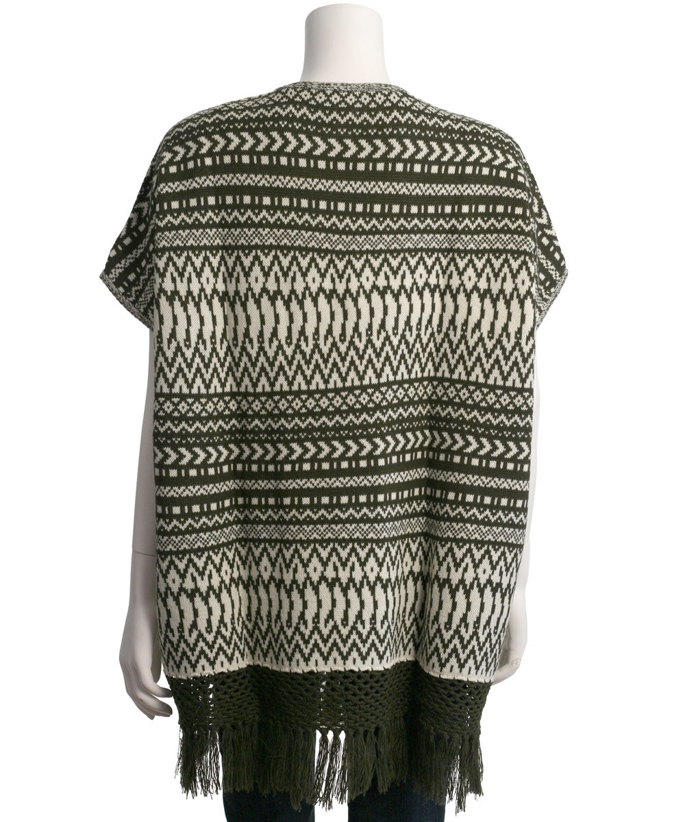 Skies Are Blue Tribal Pattern Open Poncho with Fringe