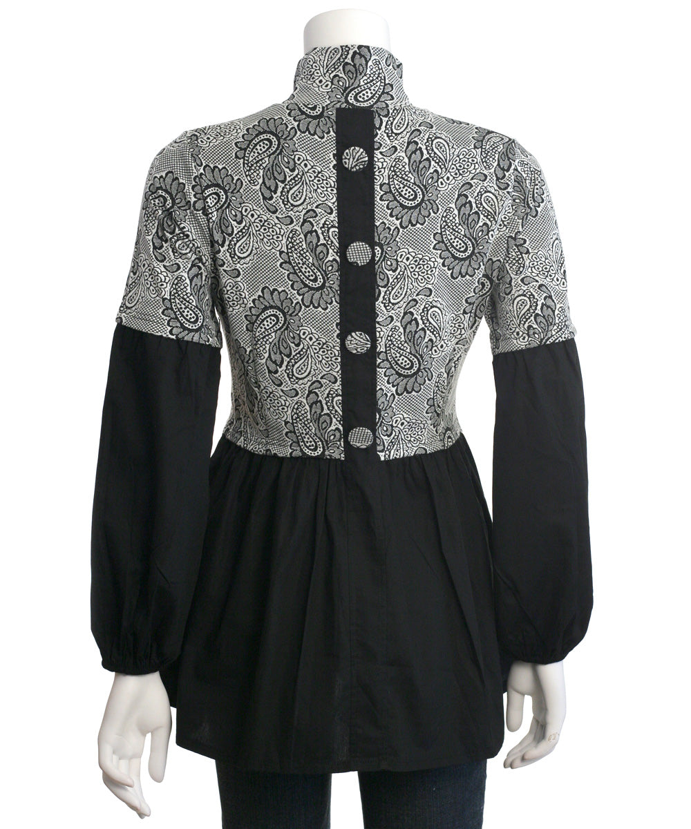 Ryu: Button Back Paisley Print High Neck Blouse