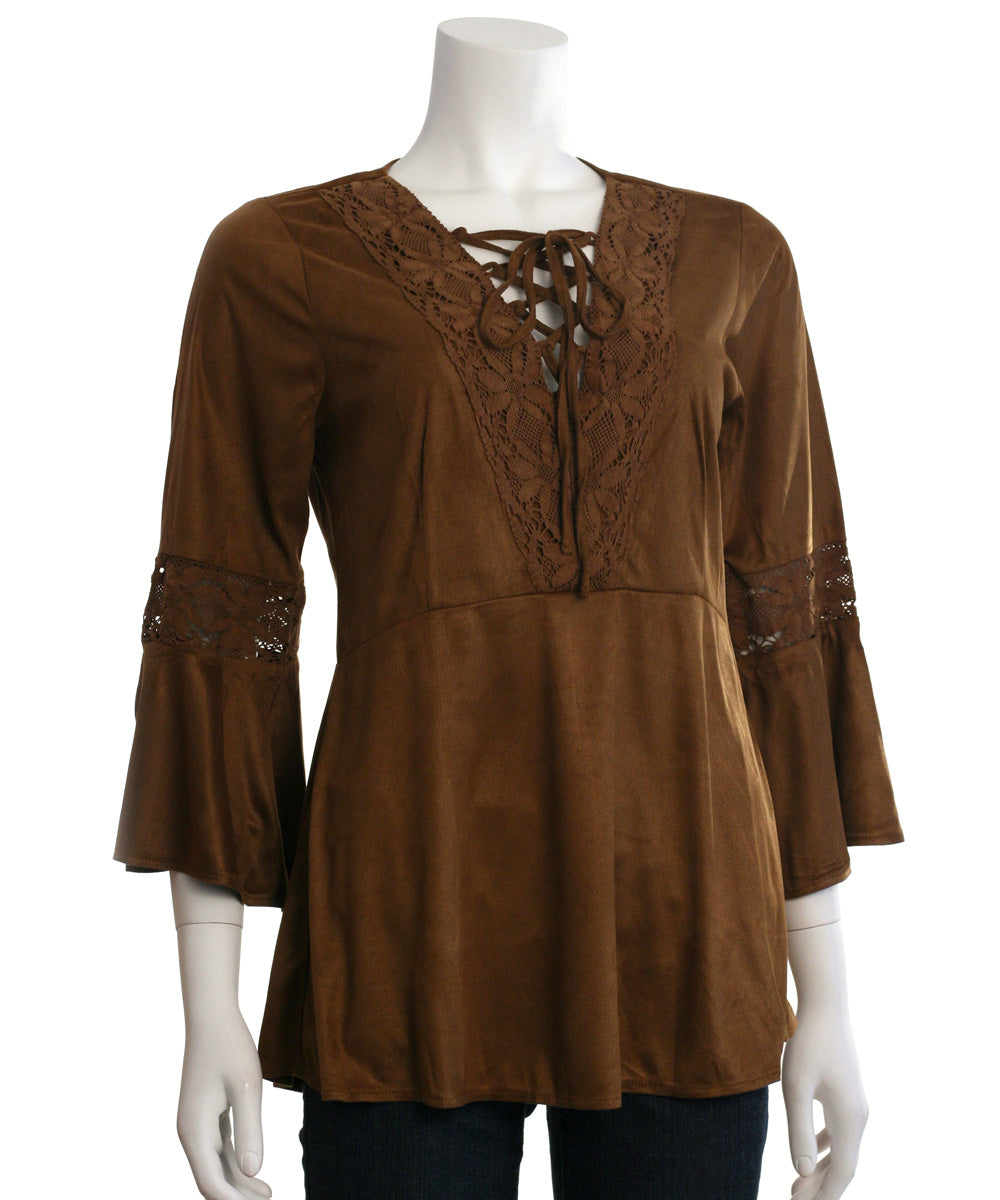 Ryu: Lace Detail Faux Suede Top, Camel