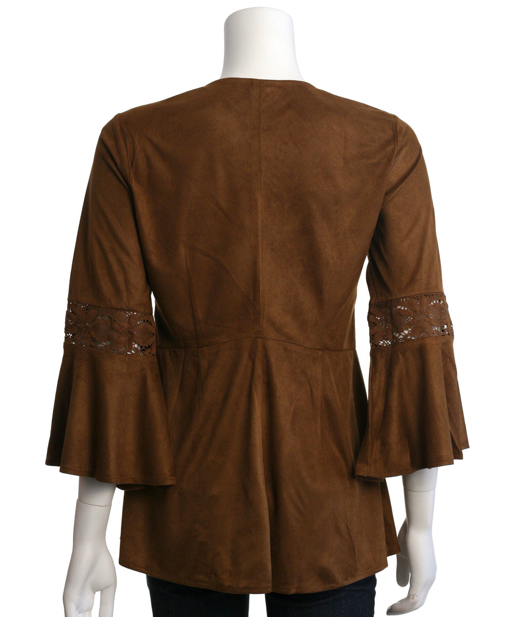 Ryu: Lace Detail Faux Suede Top, Camel
