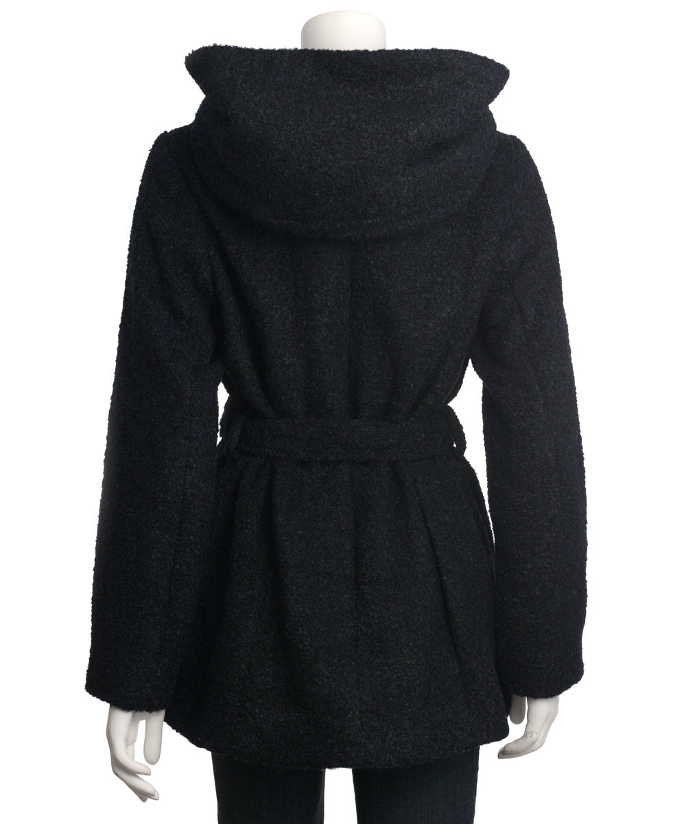 Coffeeshop Hooded Boucle Coat with Waist Tie