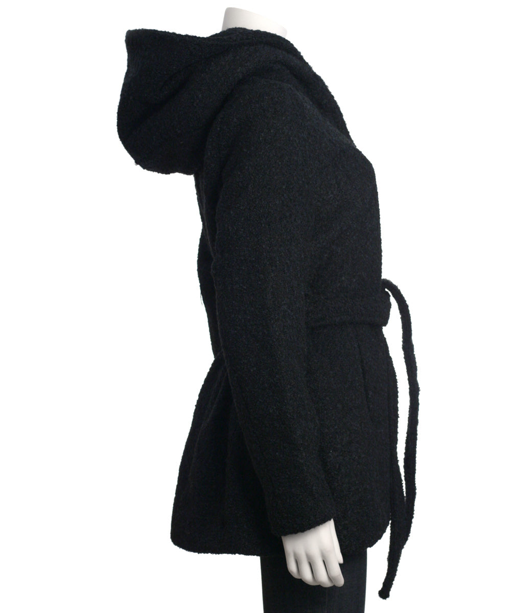 Coffeeshop Hooded Boucle Coat with Waist Tie