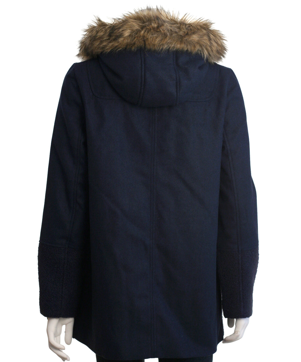 Coffeeshop Hooded Toggle Coat with Faux Fur Trim