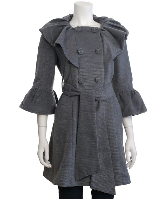 Ryu: Pintuck Detailed Double Button Coat with Waist Tie, Grey