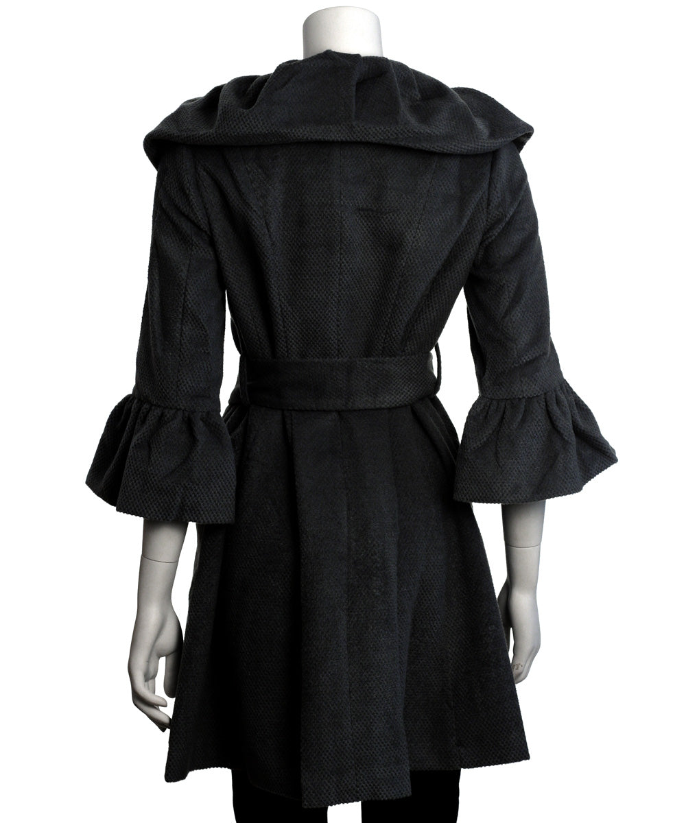 Ryu: Pintuck Detailed Double Button Coat with Waist Tie, Black