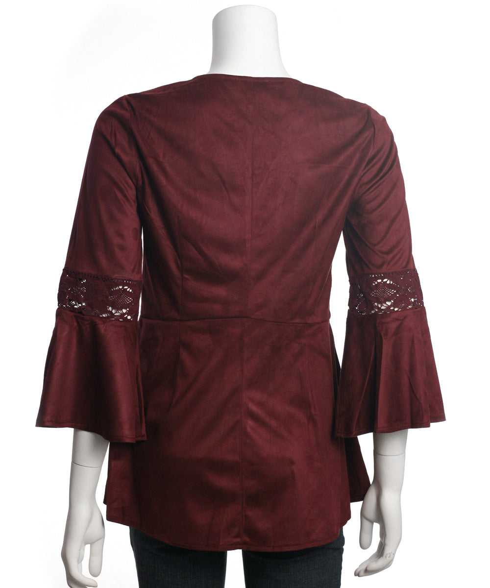 Ryu: Lace Detail Faux Suede Top, Burgundy
