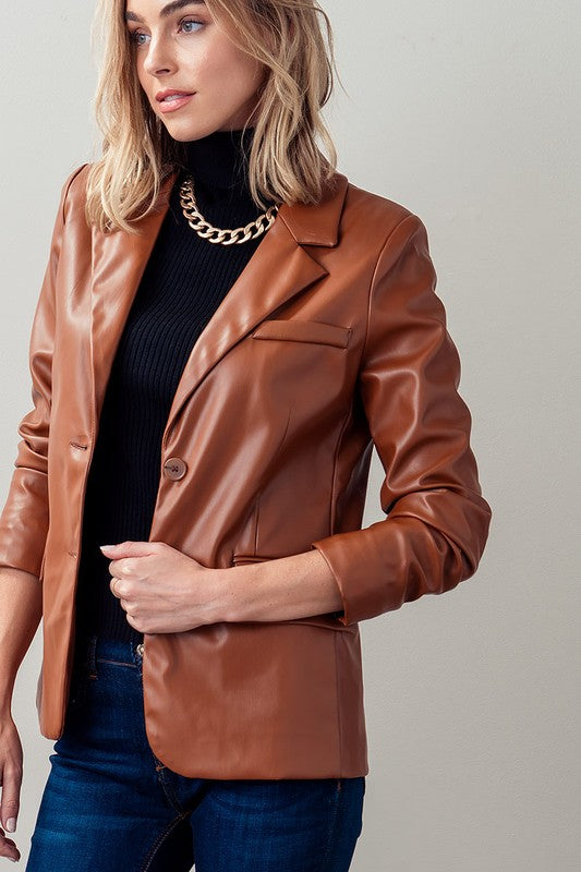 Faux Leather Lapel Neck Single Breasted Blazer