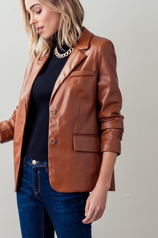 Faux Leather Lapel Neck Single Breasted Blazer