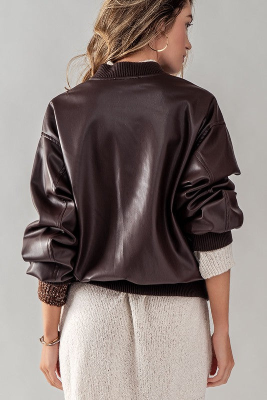 Double Zero Loose Fit Zip Up Leather Bomber Jacket