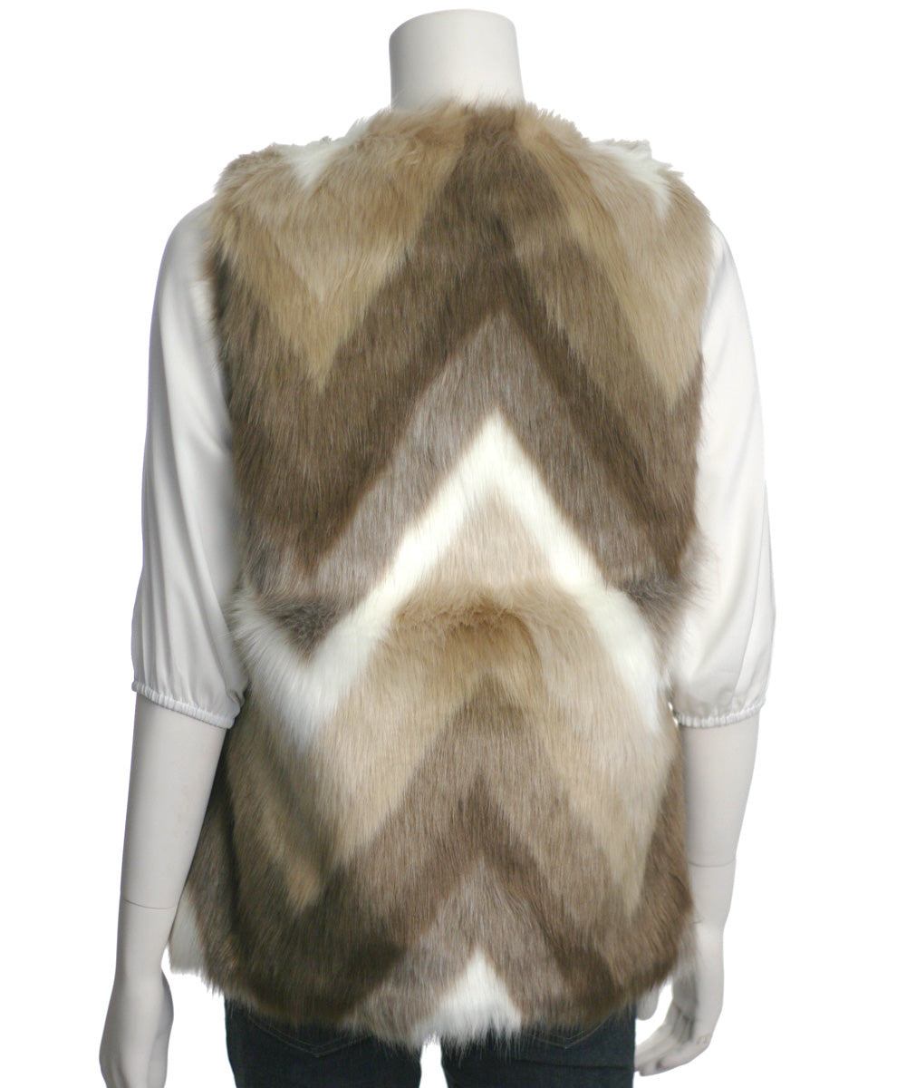 Skies Are Blue Open Front Chevron Faux Fur Vest, Brown