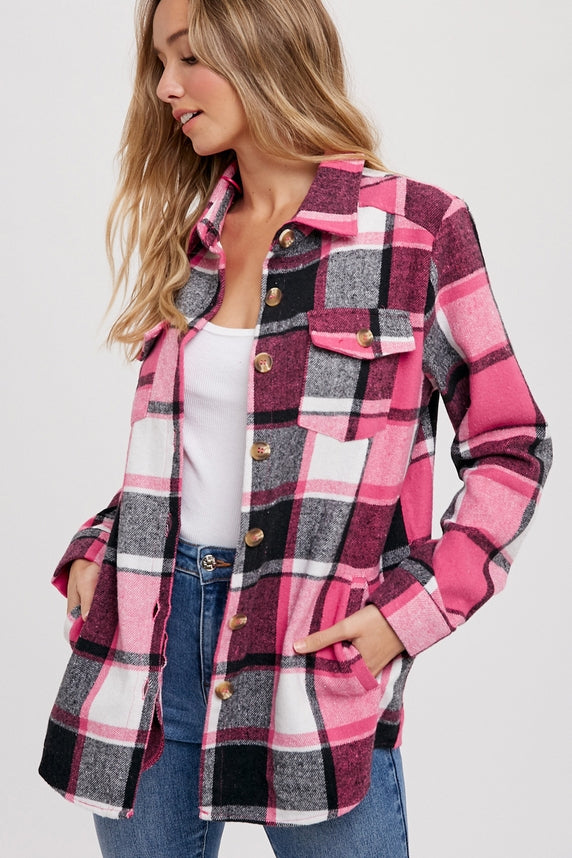 Bluivy Flannel Plaid Shacket, Pink