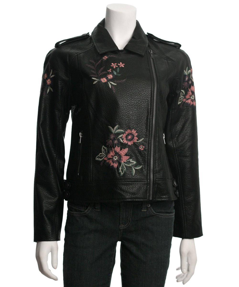 BB Dakota Baxley Embroidered Faux Leather Moto Jacket