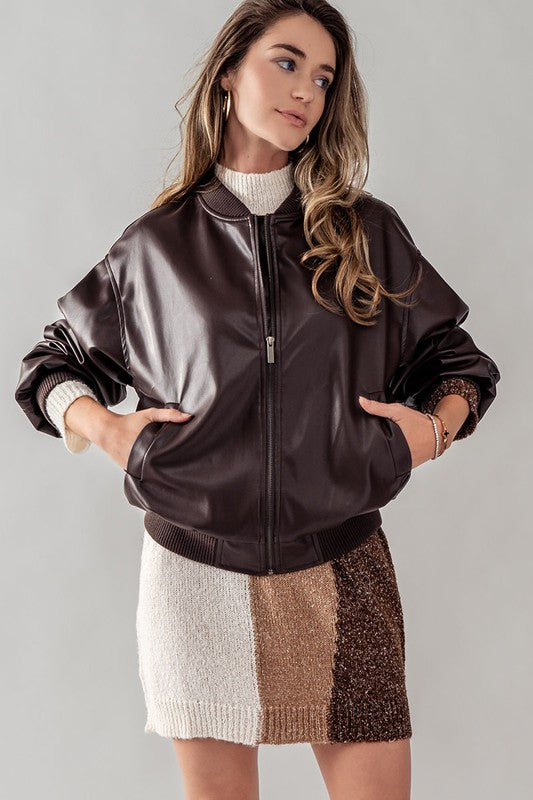 Double Zero Loose Fit Zip Up Leather Bomber Jacket