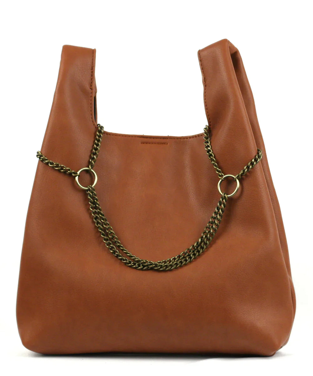 Street Level Tote with Chain Detail, Brown