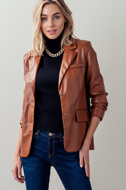 Faux Leather Lapel Neck Single Breasted Blazer