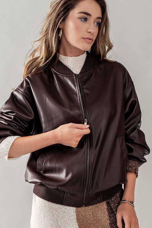 Double Zero Loose Fit Zip Up Leather Bomber Jacket