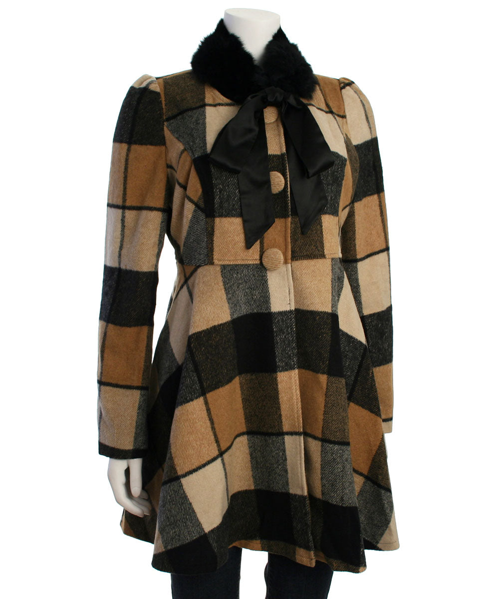 Ryu: Plaid Wool Jacket With Faux Fur Scarf, Camel