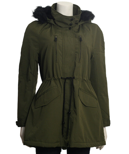 Coffeeshop Soft Shell Hooded Coat with Faux Fur Trim