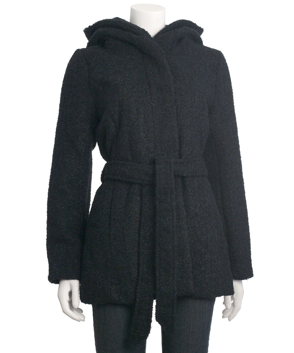 Coffeeshop Hooded Boucle Coat with Waist Tie