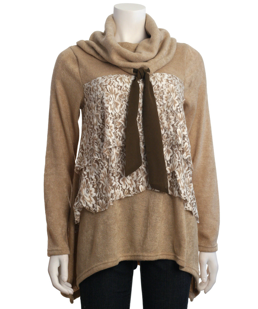 Ryu: Lace Ruffled Cowl Neck Sweater