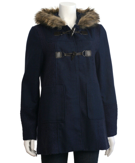 Coffeeshop Hooded Toggle Coat with Faux Fur Trim