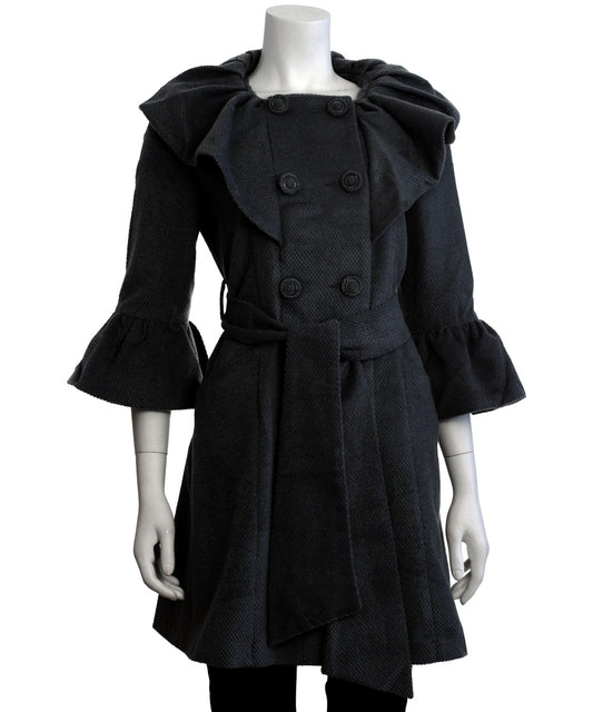 Ryu: Pintuck Detailed Double Button Coat with Waist Tie, Black