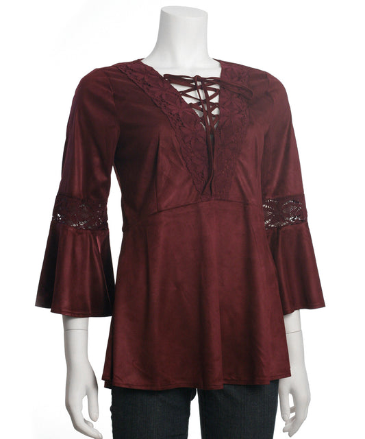 Ryu: Lace Detail Faux Suede Top, Burgundy