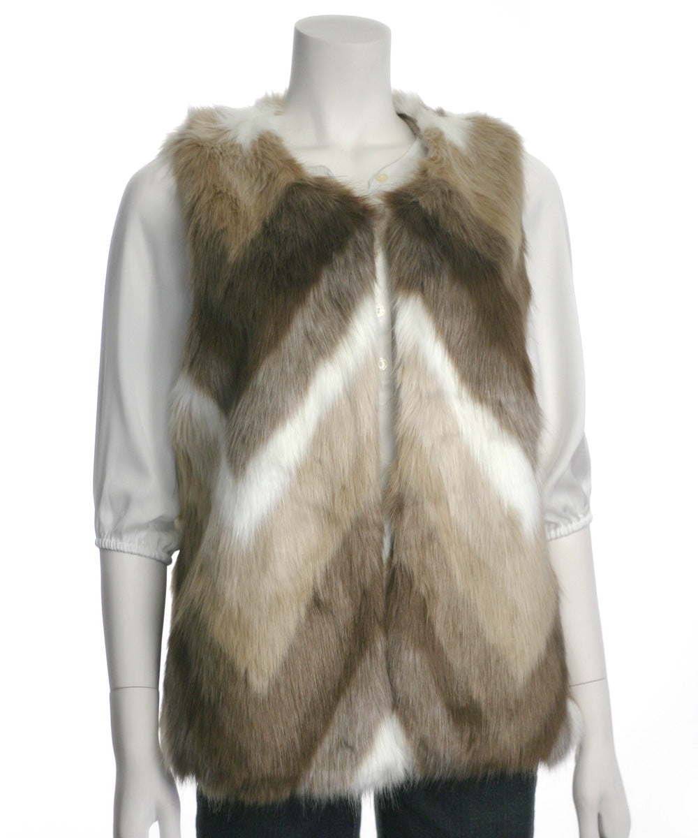 Skies Are Blue Open Front Chevron Faux Fur Vest, Brown