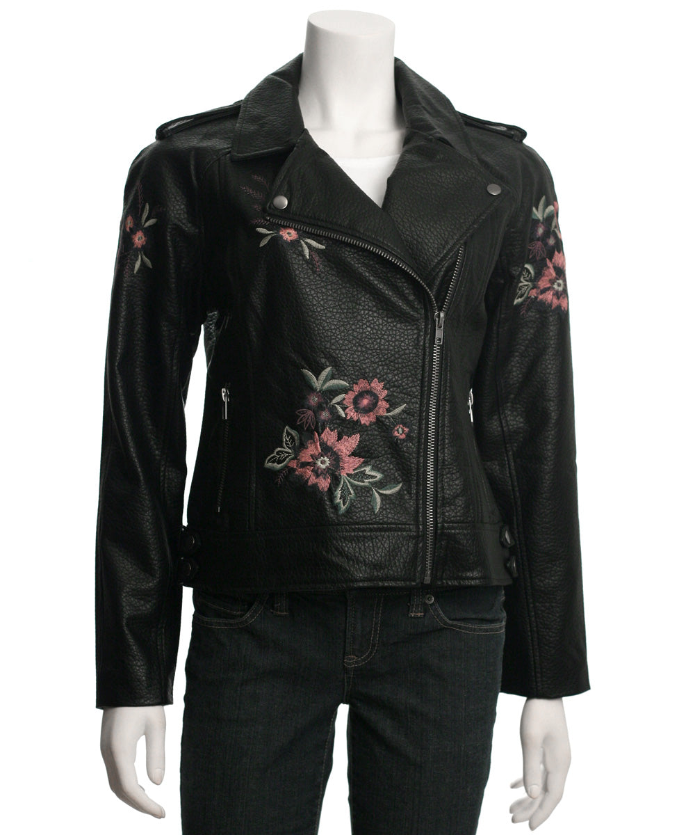 BB Dakota Baxley Embroidered Faux Leather Moto Jacket