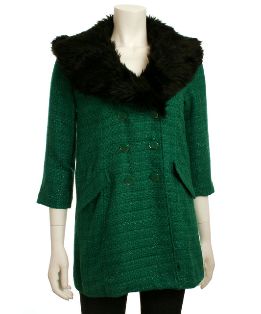 Tulle Double Breasted Coat with Faux Fur Collar