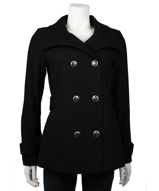 Jessica Simpson Double Breasted Military Style Pea Coat (Black)