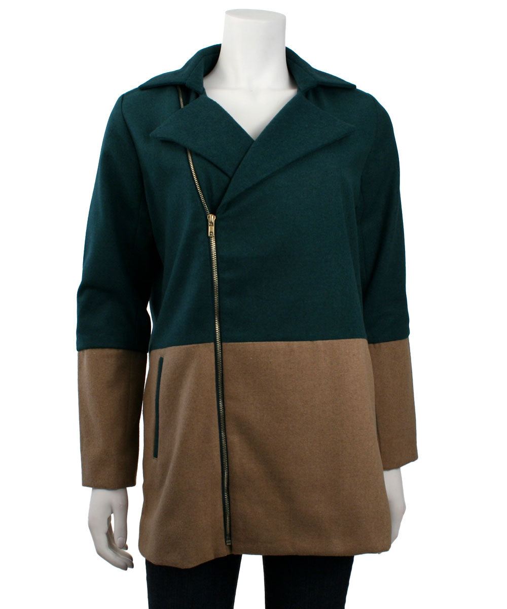 Ya Color Block Coat with Gold Asymmetrical Zipper