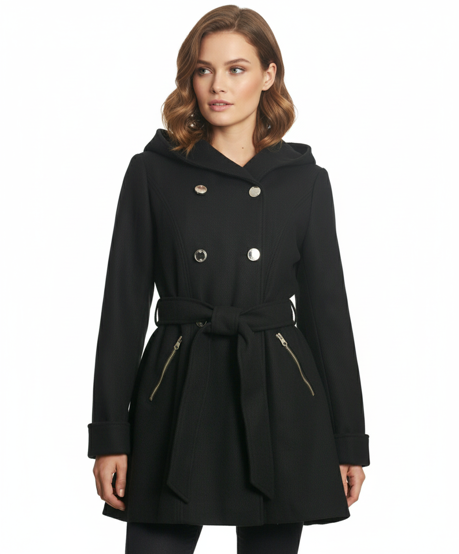 Jessica Simpson Double Breasted Hooded Coat, Black