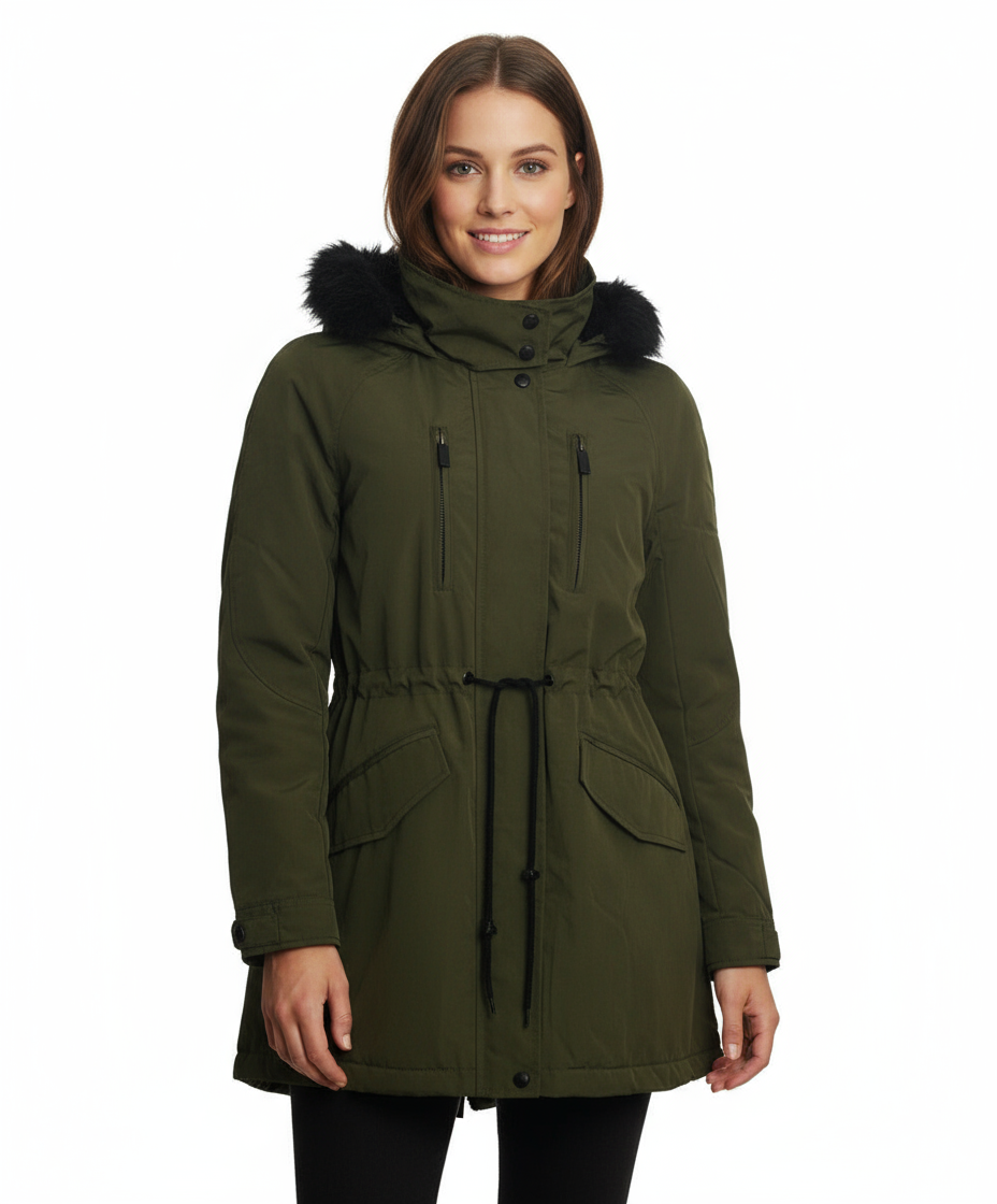 Coffeeshop Soft Shell Hooded Coat with Faux Fur Trim