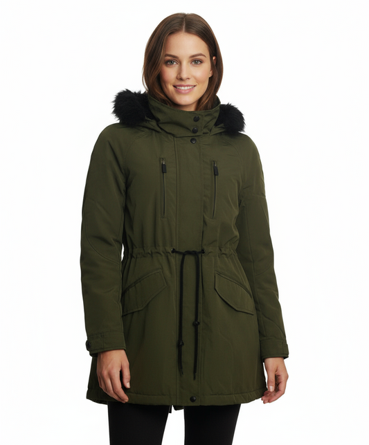 Coffeeshop Soft Shell Hooded Coat with Faux Fur Trim