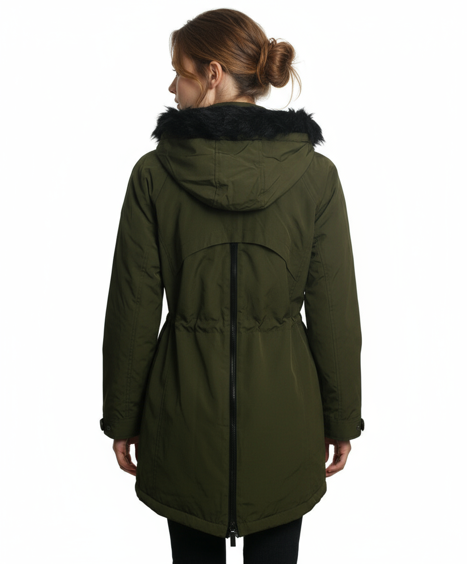 Coffeeshop Soft Shell Hooded Coat with Faux Fur Trim