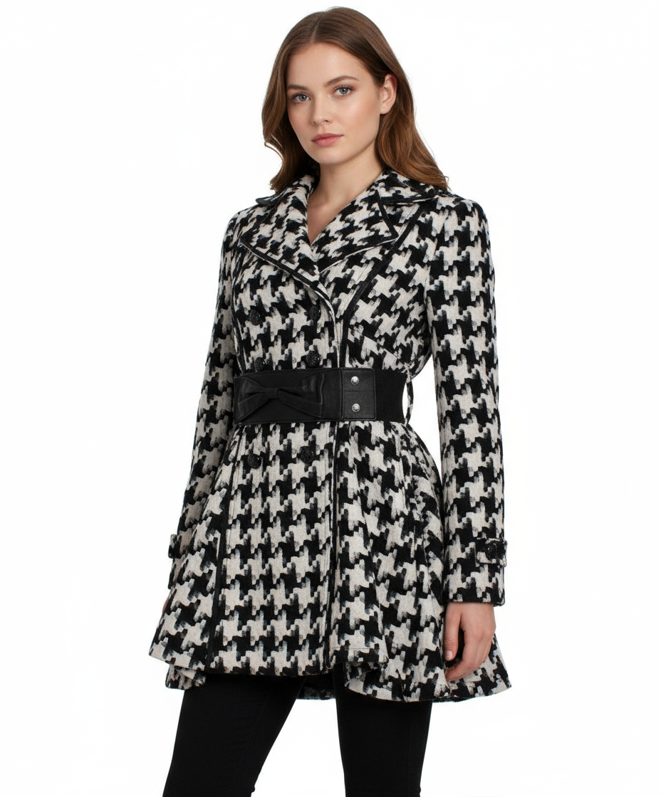 Double Zero Houndstooth Fit and Flare Belted Coat