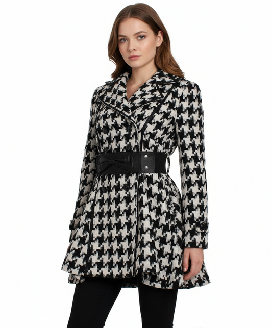 Double Zero Houndstooth Fit and Flare Belted Coat