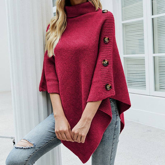Autumn Winter Turtleneck Shawl Cape Sweater Coat (Rose Red)