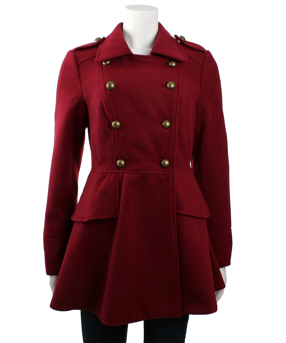 Coffeeshop Double Breasted Military Peplum Coat (Burgundy)