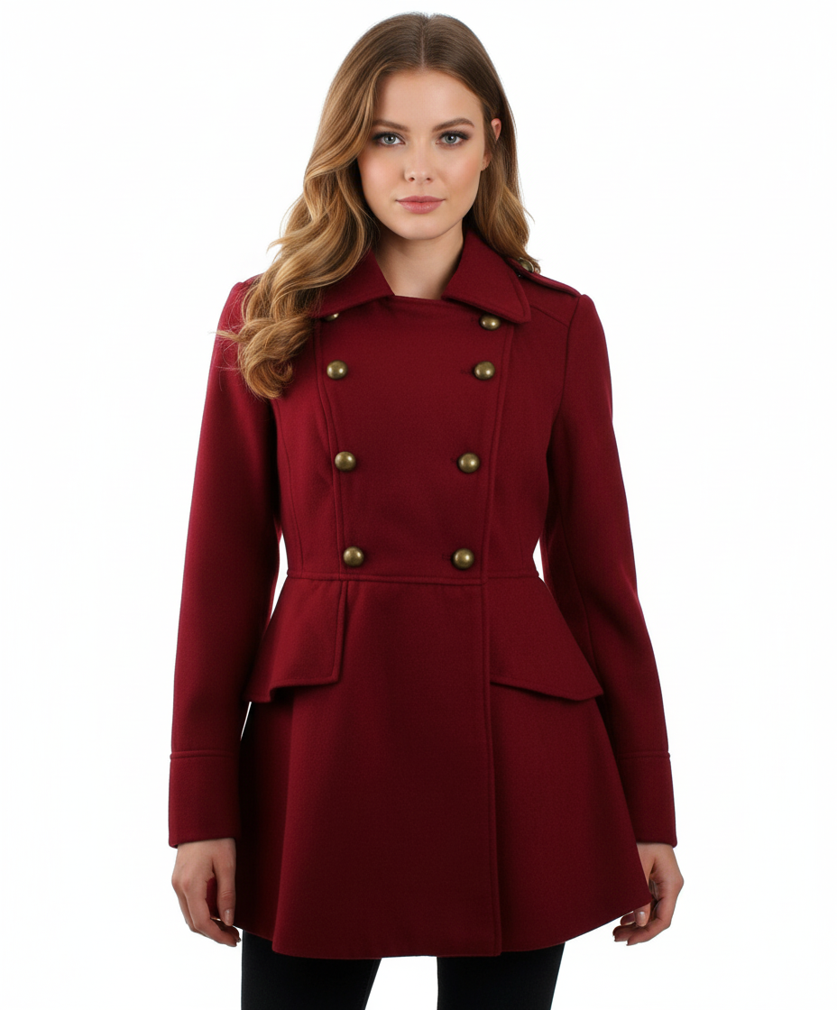 Coffeeshop Double Breasted Military Peplum Coat (Burgundy)
