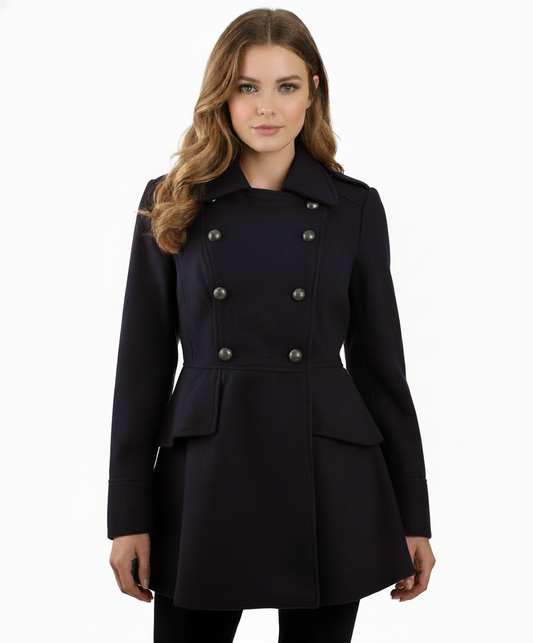 Coffeeshop Double Breasted Military Peplum Coat (Navy)