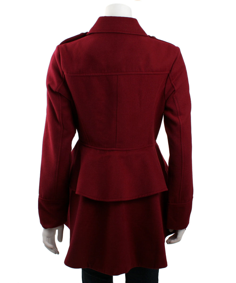 Coffeeshop Double Breasted Military Peplum Coat (Burgundy)